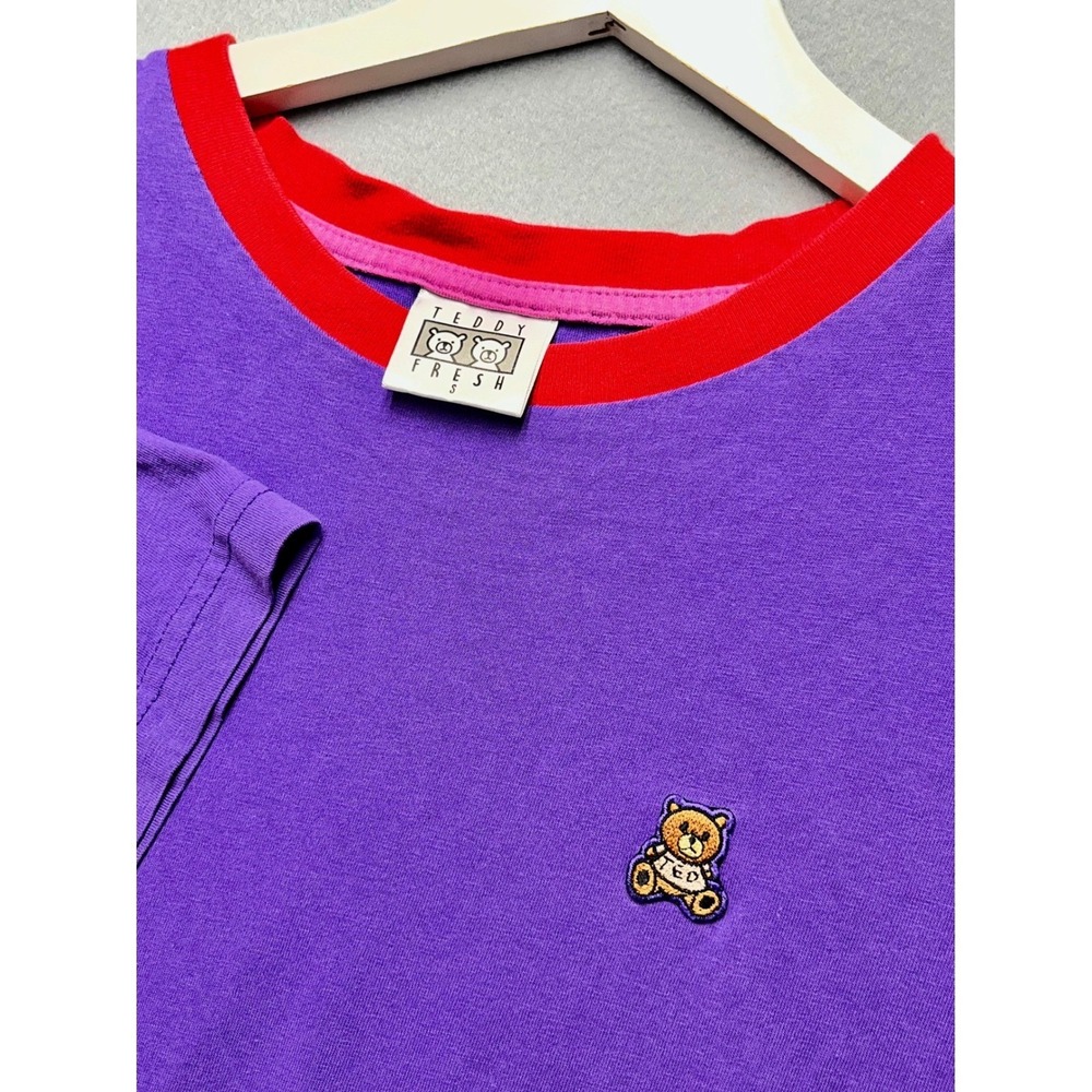 Teddy Fresh Purple Red Ringer T-Shirt Small Embroidered Bear Logo Cotton Tee‎